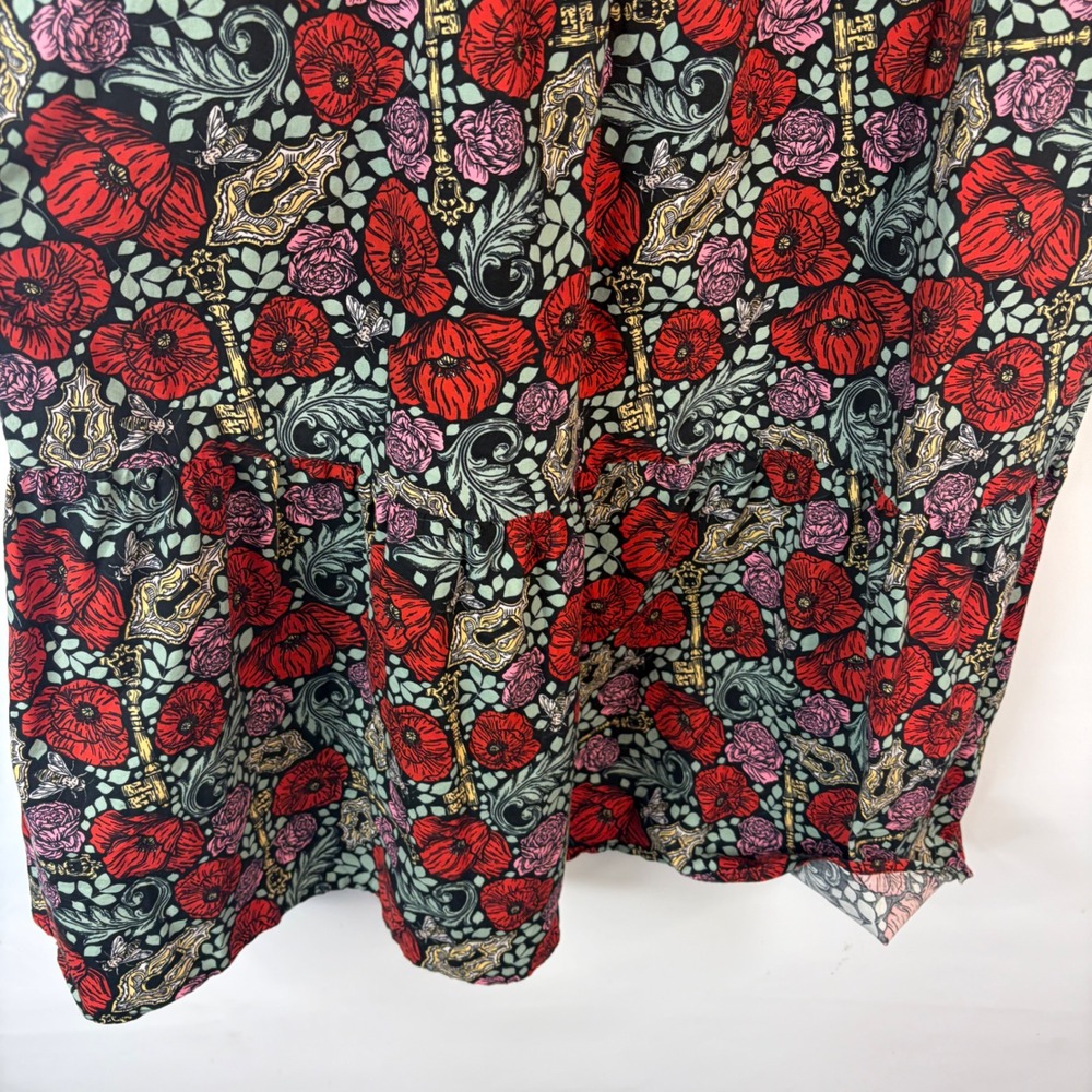 Joanie Midi Dress Women 10 Black Red Floral Key Print Square Neck Puff Sleeve - Picture 8 of 9